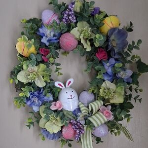 Easter Bunny Floral Wreath with Pastel Accents